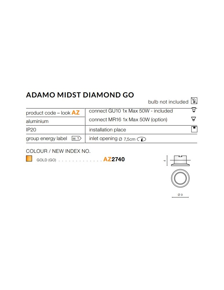 Lampy podtynkowe dekoracyjne - Azzardo ADAMO MIDST DIAMOND GO 1xGU10 Wpuszczana Złoty AZ2740 - product kolory-swiatla.pl 2