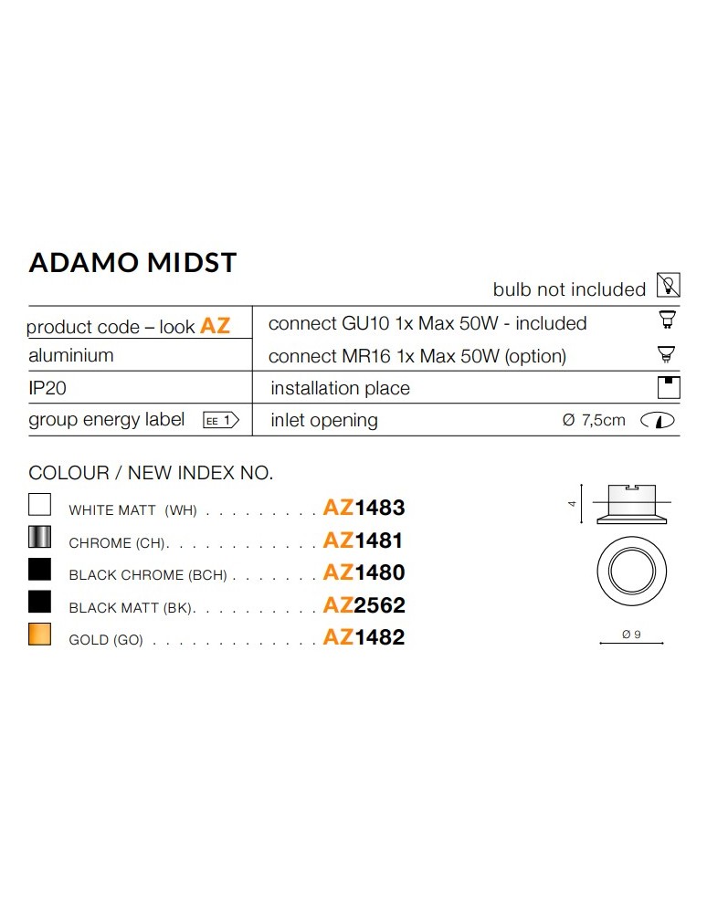 Lampy podtynkowe okrągłe - Azzardo ADAMO MIDST MATT BLACK 1xGU10 Wpuszczana Czarny Mat AZ2562 - product kolory-swiatla.pl 2