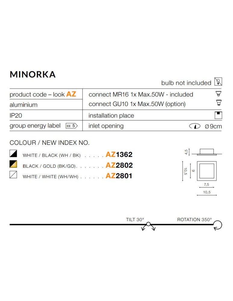 Azzardo MINORKA BLACK/GOLD 1xGU10 Wpuszczana Czarny/Złoty AZ2802
