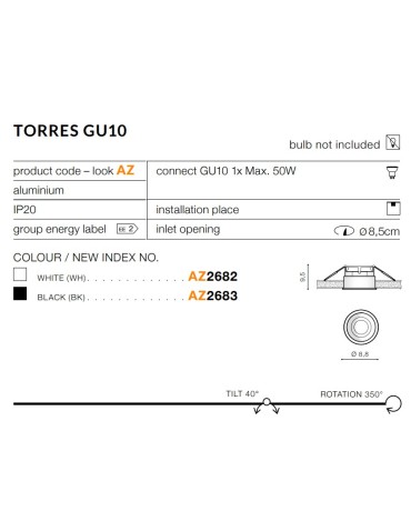 Azzardo TORRES GU10 BLACK 1xGU10 Wpuszczana Czarny AZ2683 - produkt 2