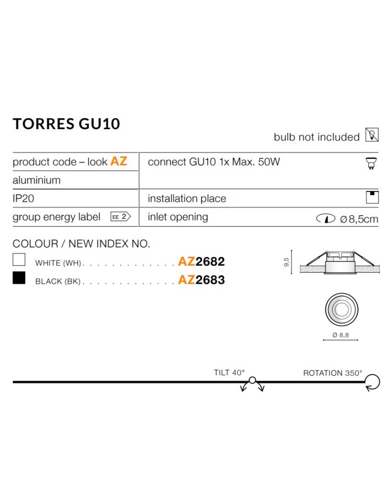 Lampy podtynkowe okrągłe - Azzardo TORRES GU10 BLACK 1xGU10 Wpuszczana Czarny AZ2683 - product kolory-swiatla.pl 2