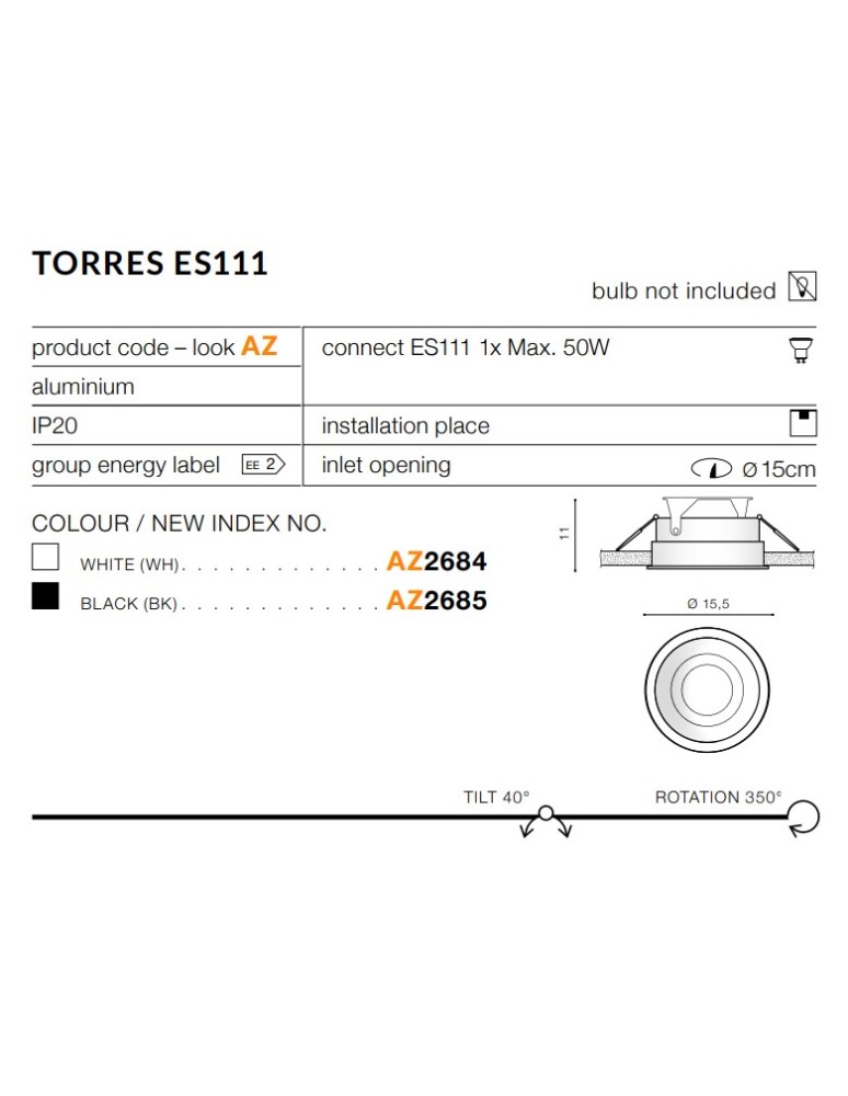 Lampy podtynkowe kierunkowe - Azzardo TORRES ES111 BLACK 1xES111 Wpuszczana Czarny AZ2685 - produkt kolory-swiatla.pl 3