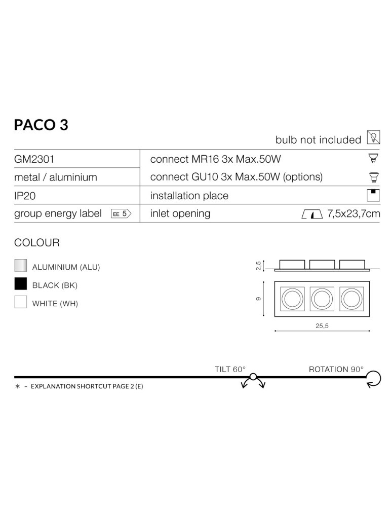 Azzardo PACO 3 WHITE 3xGU10 Wpuszczana Biały AZ0802