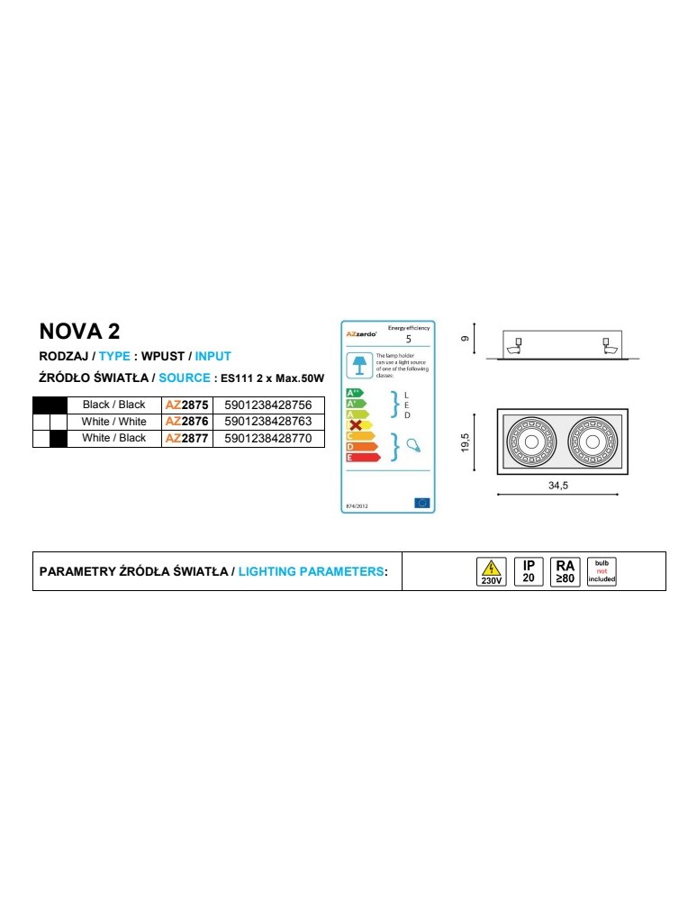 Azzardo NOVA 2 WHITE/BLACK 2xES111 Wpuszczana Biały/Czarny AZ2877