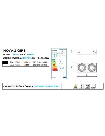 Azzardo NOVA 2 GIPS WHITE/WHITE 2xES111 Wpuszczana Biały AZ2934 - produkt 2