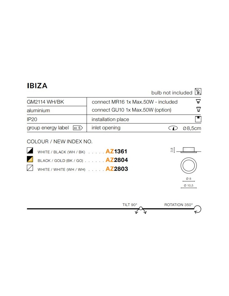 Lampy podtynkowe okrągłe - Azzardo IBIZA WHITE/WHITE 1xGU10 Wpuszczana Biały AZ2803 - product kolory-swiatla.pl 2