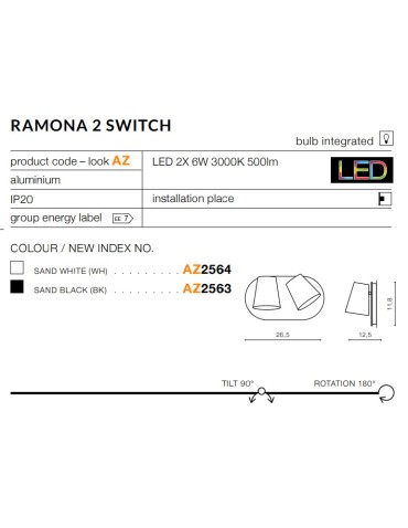 Azzardo RAMONA 2 SWITCH BLACK 2xLED Ścienna Czarny AZ2563 - product 2
