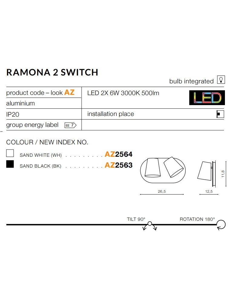 Kinkiety - Azzardo RAMONA 2 SWITCH BLACK 2xLED Ścienna Czarny AZ2563 - product kolory-swiatla.pl 2