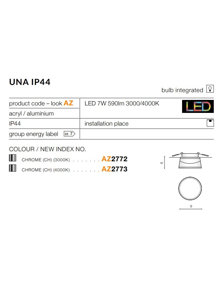 Azzardo UNA 4000K CHROME 1xLED Sufitowa Przeźroczysty IP44 AZ2773