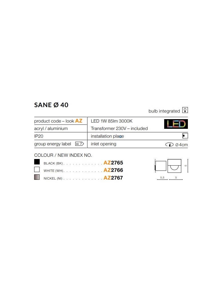 Azzardo SANE 40 WHITE 1xLED Wpuszczana w Ścianę/Schodowa Biały AZ2766