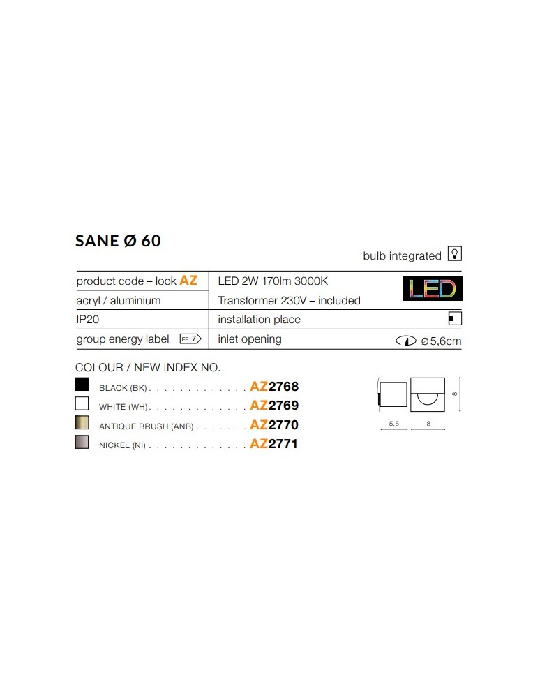 Kategorie produktów - Azzardo SANE 60 WHITE 1xLED Wpuszczana w Ścianę/Schodowa Biały AZ2769 - product kolory-swiatla.pl 3