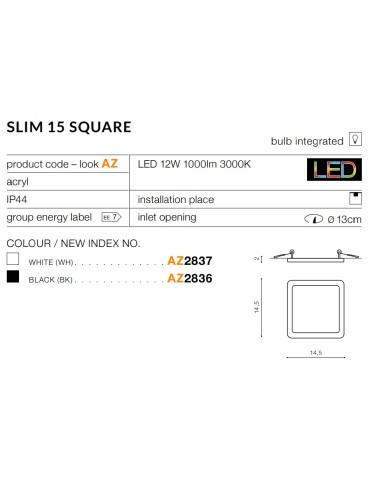Azzardo SLIM 15 SQUARE 3000K IP44 BLACK 1xLED Wpuszczana Czarny IP44 AZ2836 - produkt 2