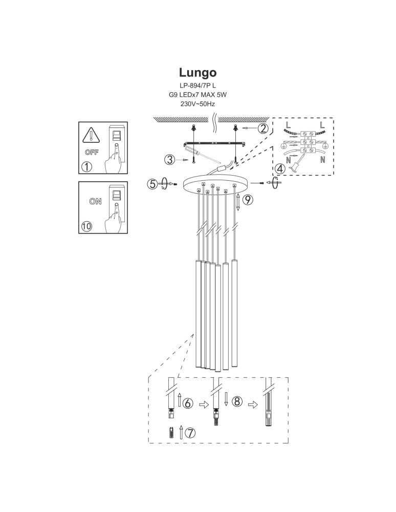 Light Prestige Lungo 7 czarna lampa wisząca LP-894/7P BK 7xG9 czarny Light Prestige Lungo 7 czarna lampa wisząca LP-894/7P BK 7xG9 czarny
