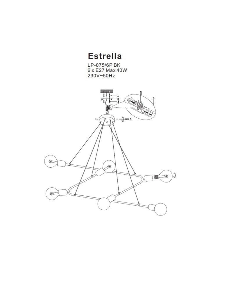 Lampy wiszące - Light Prestige Estrella 6 wisząca czarna E27 czarny + złoty LP-075/6P BK - product kolory-swiatla.pl 4