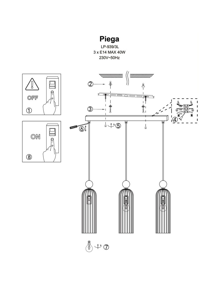 Light Prestige Piega Lampa wisząca E14 3x40W biały/złoty LP-939/3L white Light Prestige Piega Lampa wisząca E14 3x40W biały/złoty LP-939/3L white