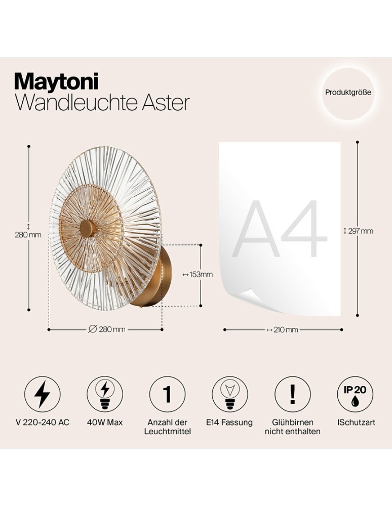 Maytoni Aster Ścienna E14 1x40W Złoty MOD007WL-01G Maytoni Aster Ścienna E14 1x40W Złoty MOD007WL-01G