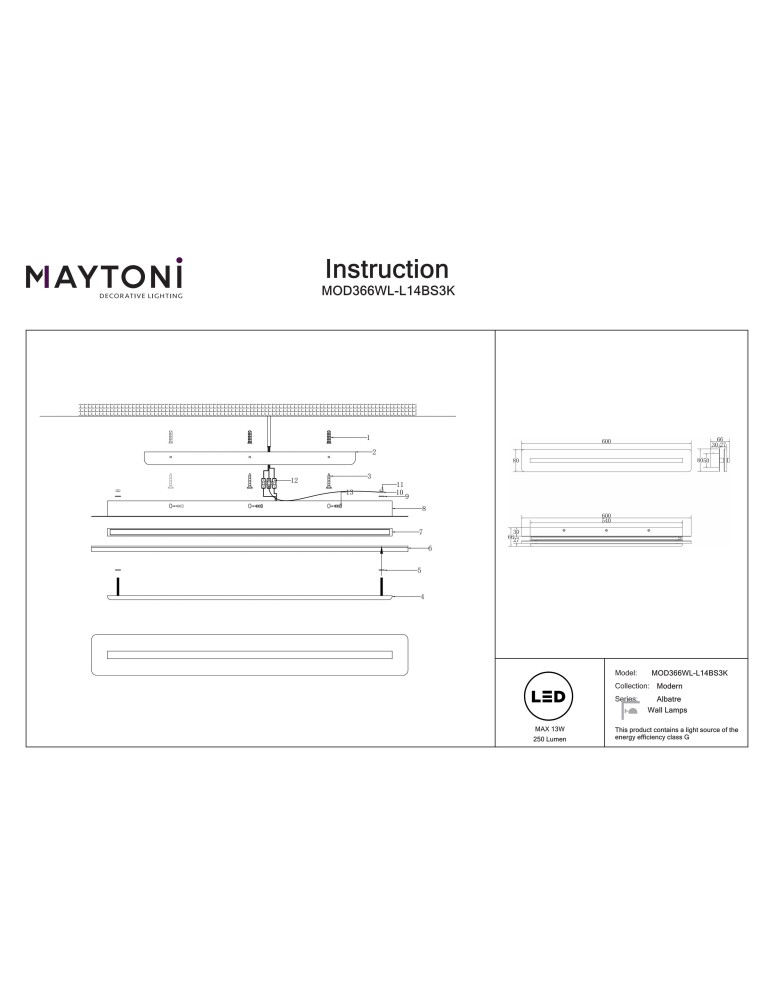 Maytoni Albatre Lampa ścienna LED 250lm 3000K Mosiądz MOD366WL-L14BS3K Maytoni Albatre Lampa ścienna LED 250lm 3000K Mosiądz MOD366WL-L14BS3K