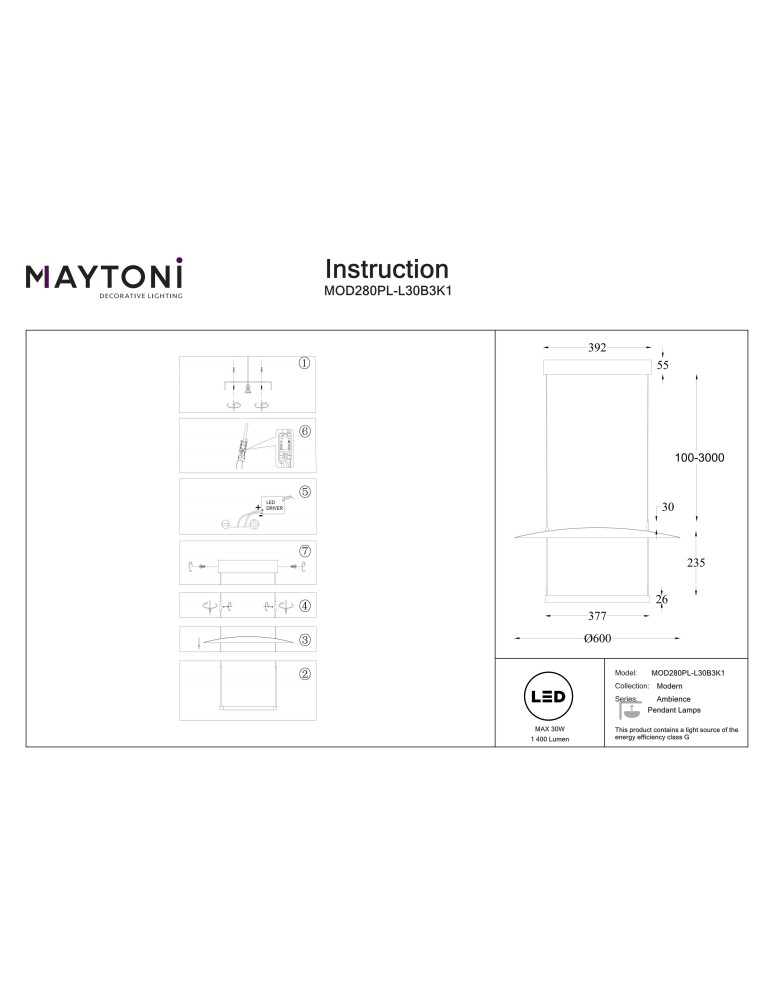 Maytoni Ambience Lampa wisząca LED 1400lm 3000K Czarny MOD280PL-L30B3K1 Maytoni Ambience Lampa wisząca LED 1400lm 3000K Czarny MOD280PL-L30B3K1