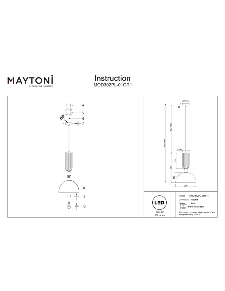 Maytoni Antic Lampa wisząca 1xE27, LED 510lm 2700K Złoty MOD302PL-01GR1