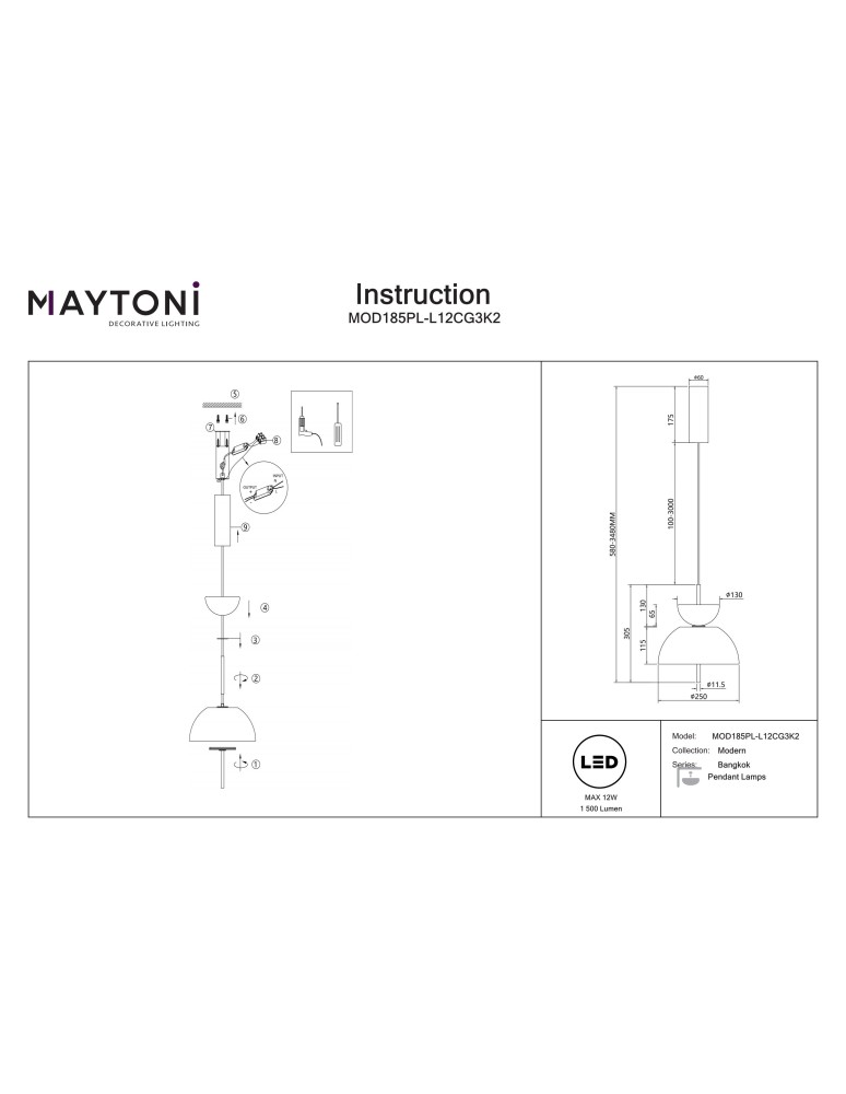 Maytoni Bangkok Lampa wisząca LED 1500lm 3000K Czarny MOD185PL-L12CG3K2 Maytoni Bangkok Lampa wisząca LED 1500lm 3000K Czarny MOD185PL-L12CG3K2