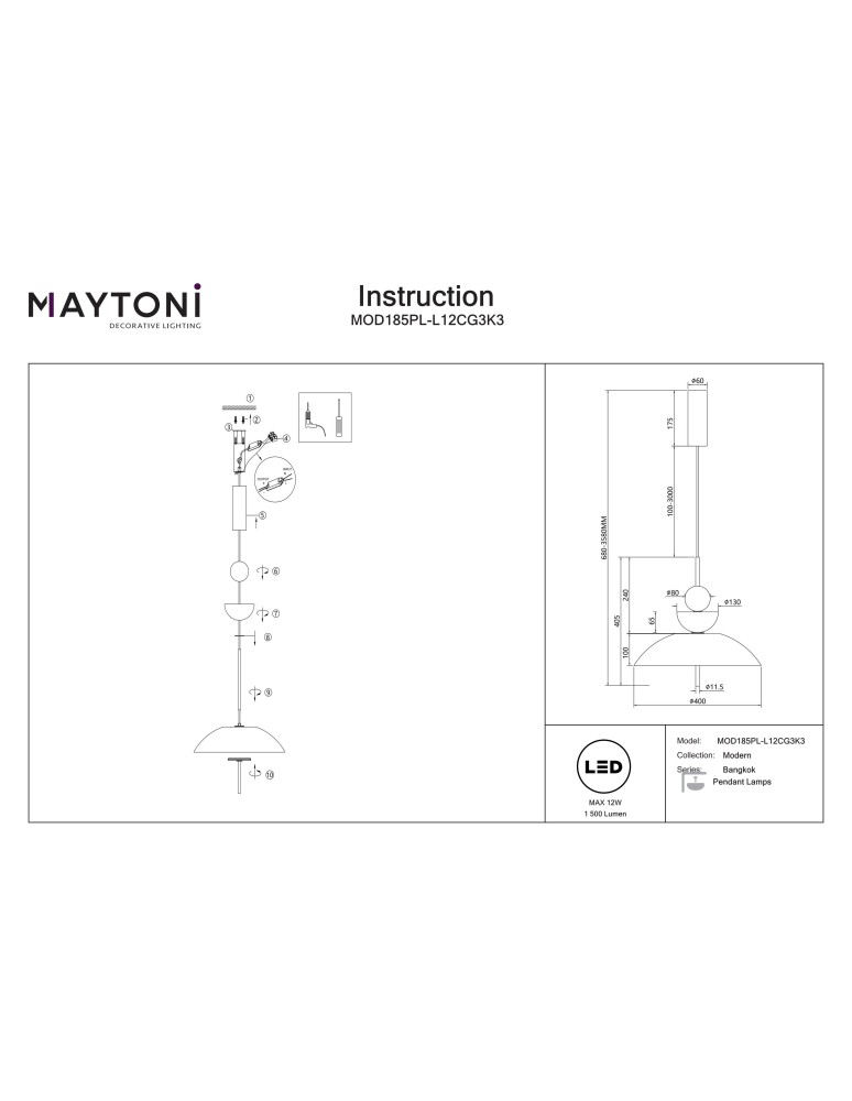 Maytoni Bangkok Lampa wisząca LED 1500lm 3000K Czarny MOD185PL-L12CG3K3 Maytoni Bangkok Lampa wisząca LED 1500lm 3000K Czarny MOD185PL-L12CG3K3