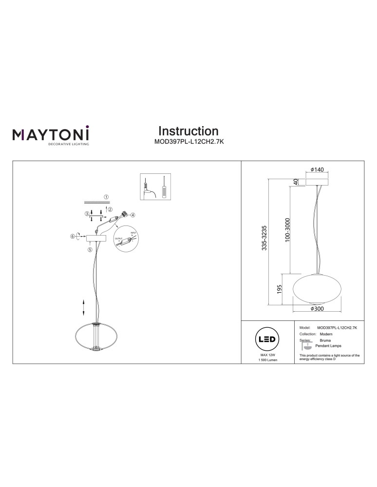 Maytoni Bruma Lampa wisząca LED 1500lm 2700K Chrom MOD397PL-L12CH2.7K
