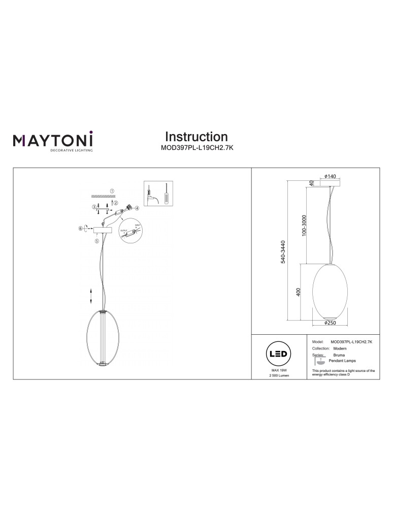 Maytoni Bruma Lampa wisząca LED 2500lm 2700K Chrom MOD397PL-L19CH2.7K Maytoni Bruma Lampa wisząca LED 2500lm 2700K Chrom MOD397PL-L19CH2.7K