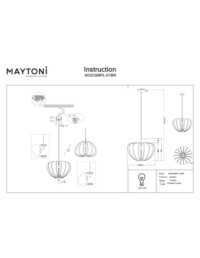 Maytoni Cambio Lampa wisząca 1xE27 Czarny MOD398PL-01BR Maytoni Cambio Lampa wisząca 1xE27 Czarny MOD398PL-01BR