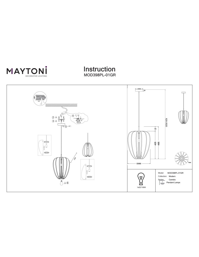 Maytoni Cambio Lampa wisząca 1xE27 Czarny MOD398PL-01GR Maytoni Cambio Lampa wisząca 1xE27 Czarny MOD398PL-01GR