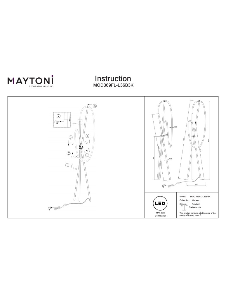 Maytoni Crochet Lampa podłogowa LED 2500lm 3000K Czarny MOD369FL-L36B3K Maytoni Crochet Lampa podłogowa LED 2500lm 3000K Czarny MOD369FL-L36B3K