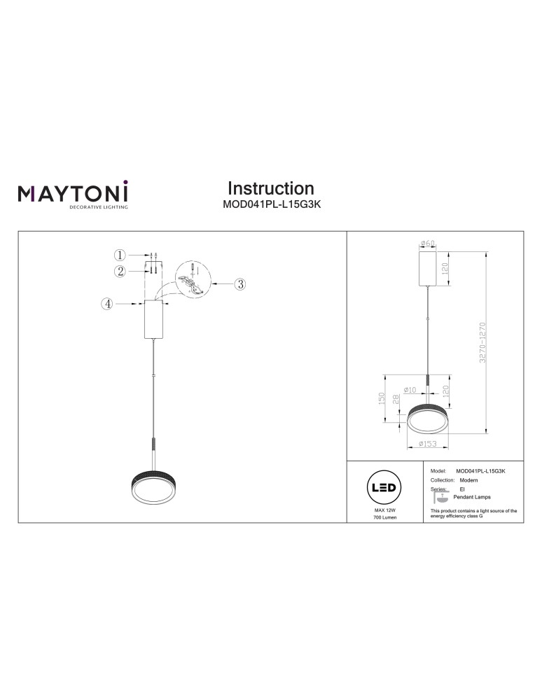 Maytoni El Lampa wisząca LED 700lm 3000K Czarny MOD041PL-L15G3K Maytoni El Lampa wisząca LED 700lm 3000K Czarny MOD041PL-L15G3K