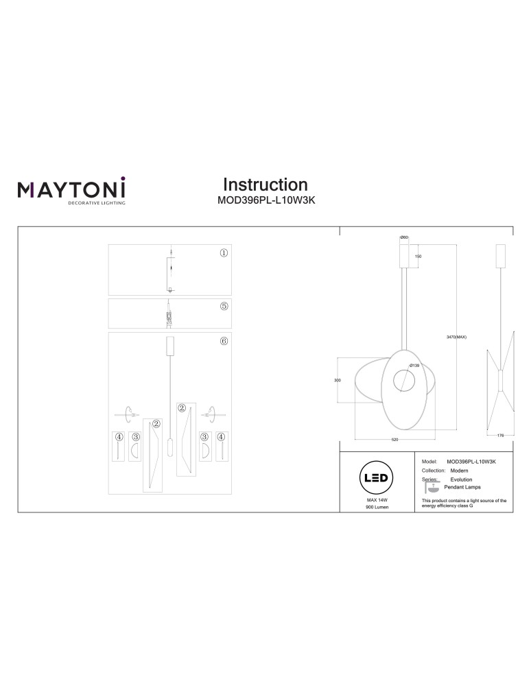 Maytoni Evolution Lampa wisząca LED 500lm 3000K Czarny MOD396PL-L10W3K