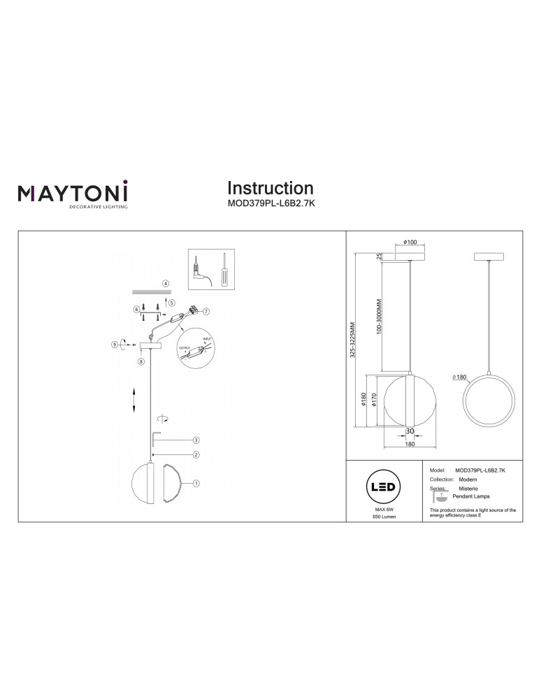 Maytoni Misterio Lampa wisząca LED 650lm 2700K Czarny MOD379PL-L6B2.7K Maytoni Misterio Lampa wisząca LED 650lm 2700K Czarny MOD379PL-L6B2.7K