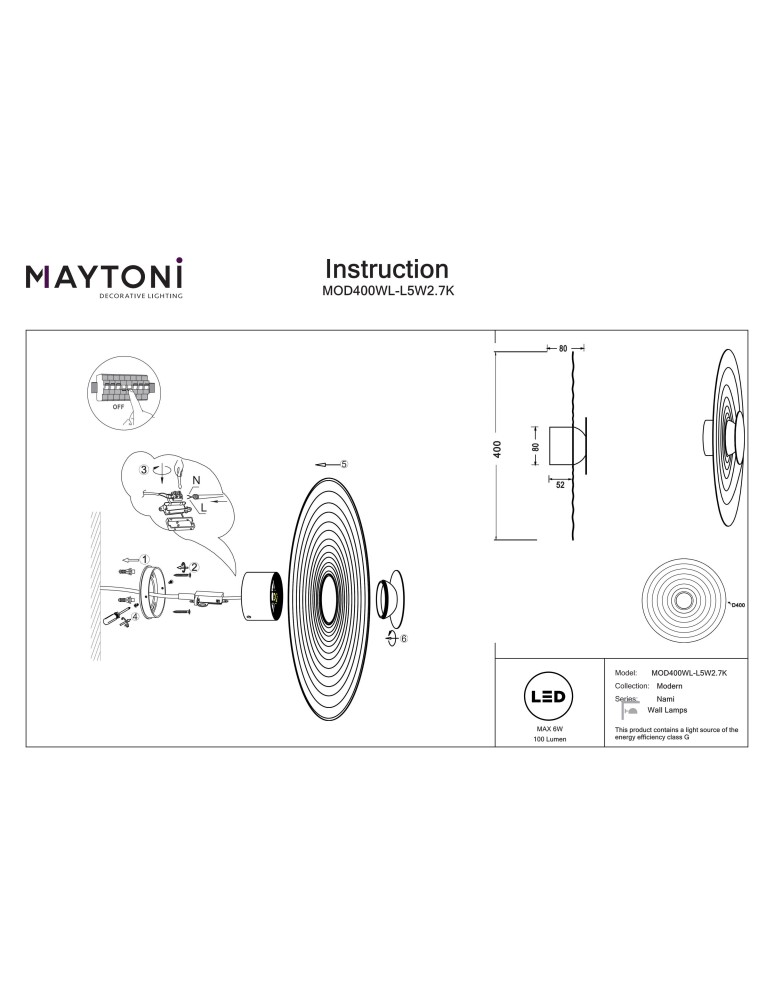 Maytoni Nami Lampa ścienna LED 100lm 2700K Biały MOD400WL-L5W2.7K Maytoni Nami Lampa ścienna LED 100lm 2700K Biały MOD400WL-L5W2.7K