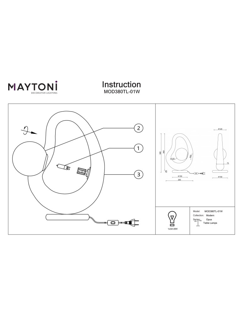 Maytoni Opus Lampa stołowa 1xG9 Biały MOD380TL-01W