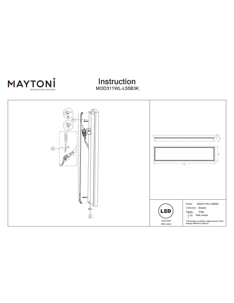 Maytoni Orign Lampa ścienna LED 800lm 3000K Czarny MOD311WL-L55B3K Maytoni Orign Lampa ścienna LED 800lm 3000K Czarny MOD311WL-L55B3K