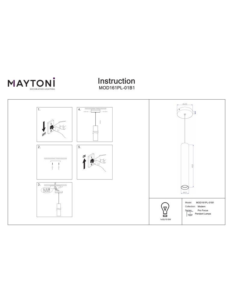 Maytoni Pro Focus Lampa wisząca 1xGU10 Czarny MOD161PL-01B1