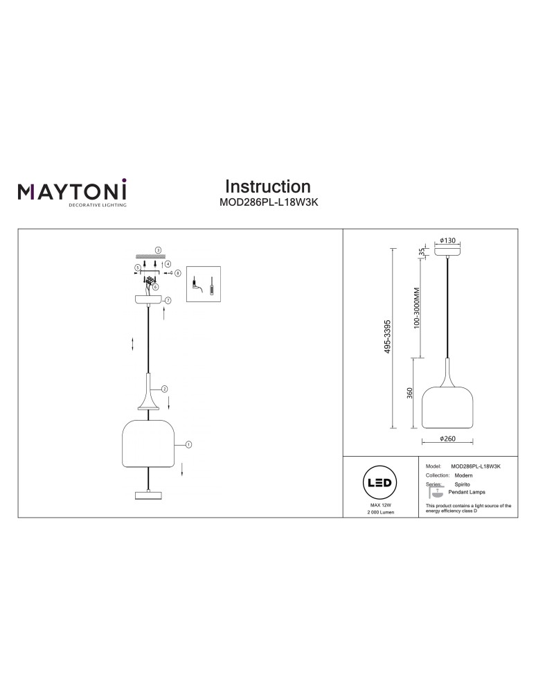 Maytoni Spirito Lampa wisząca LED 1600lm 3000K Biały MOD286PL-L18W3K Maytoni Spirito Lampa wisząca LED 1600lm 3000K Biały MOD286PL-L18W3K