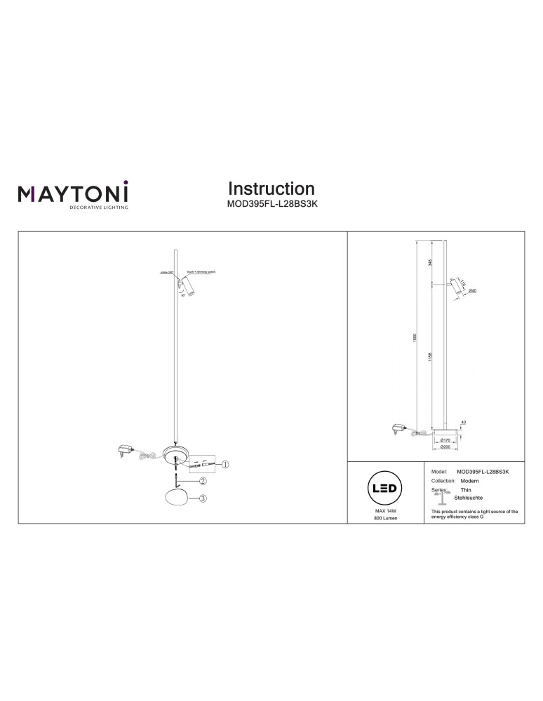 Maytoni Thin Lampa podłogowa LED 800lm 3000K Mosiądz MOD395FL-L28BS3K Maytoni Thin Lampa podłogowa LED 800lm 3000K Mosiądz MOD395FL-L28BS3K