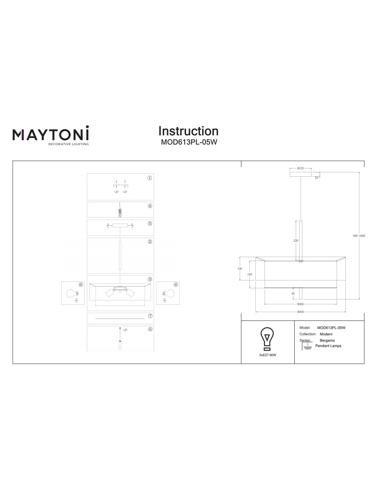 Maytoni Bergamo Lampa wisząca 5xE27 Czarny MOD613PL-05W Maytoni Bergamo Lampa wisząca 5xE27 Czarny MOD613PL-05W