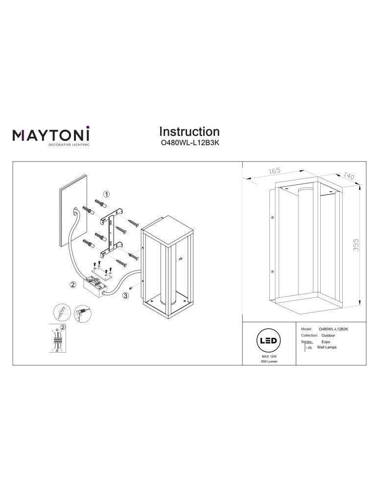 Maytoni Expo Zewnętrzna Lampa Ścienna LED 650lm 3000K Czarny O480WL-L12B3K Maytoni Expo Zewnętrzna Lampa Ścienna LED 650lm 3000K Czarny O480WL-L12B3K
