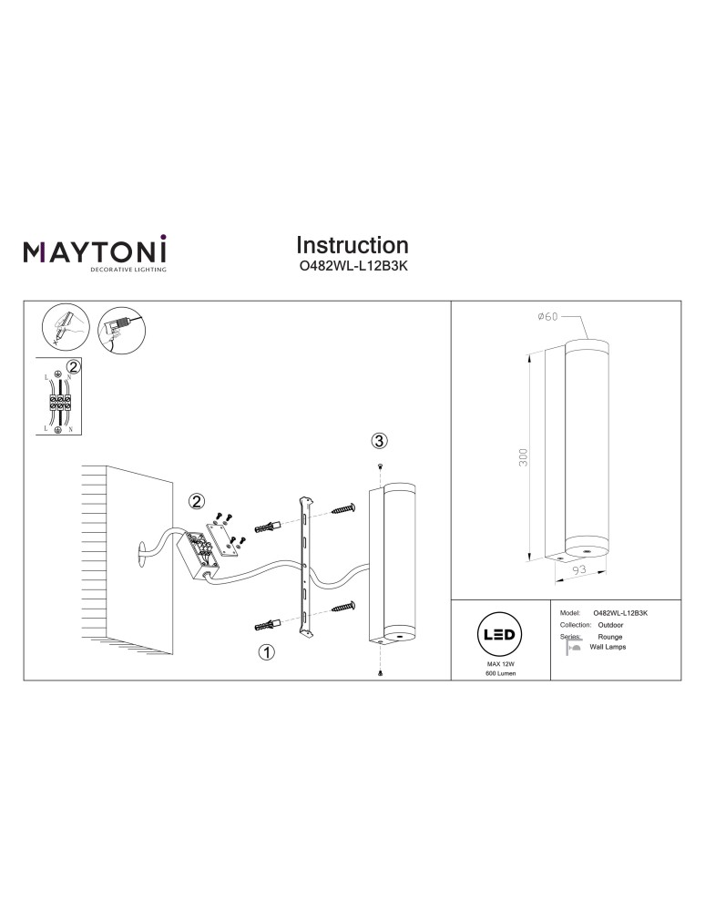 Maytoni Rounge Zewnętrzna Lampa Ścienna LED 600lm 3000K Czarny O482WL-L12B3K Maytoni Rounge Zewnętrzna Lampa Ścienna LED 600lm 3000K Czarny O482WL-L12B3K