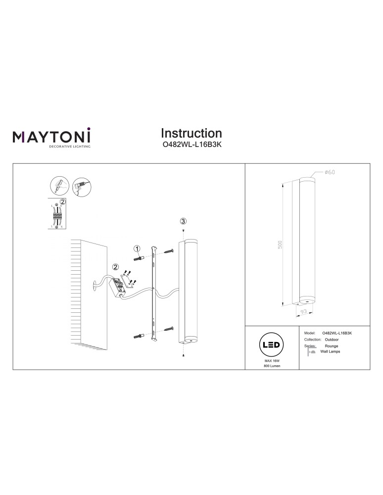 Maytoni Rounge Zewnętrzna Lampa Ścienna LED 800lm 3000K Czarny O482WL-L16B3K Maytoni Rounge Zewnętrzna Lampa Ścienna LED 800lm 3000K Czarny O482WL-L16B3K