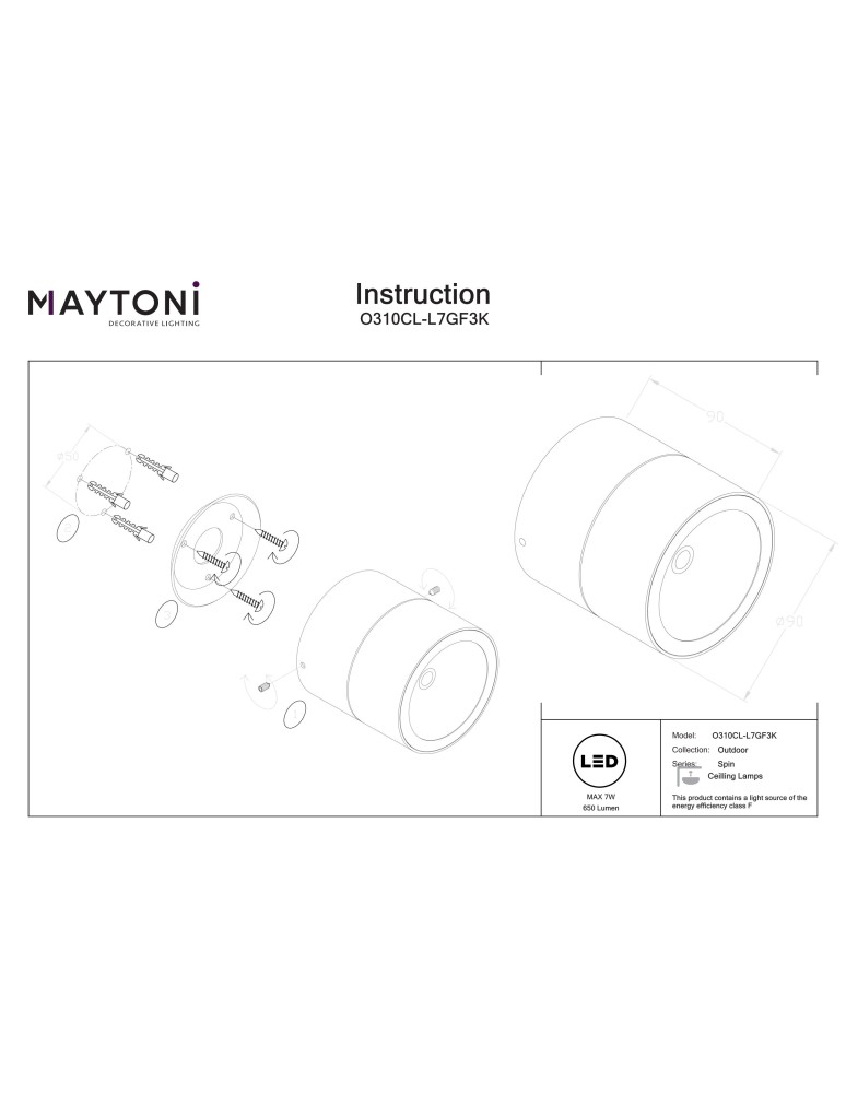Maytoni Spin Zewnętrzna Lampa Sufitowa LED 650lm 3000K Grafit O310CL-L7GF3K Maytoni Spin Zewnętrzna Lampa Sufitowa LED 650lm 3000K Grafit O310CL-L7GF3K