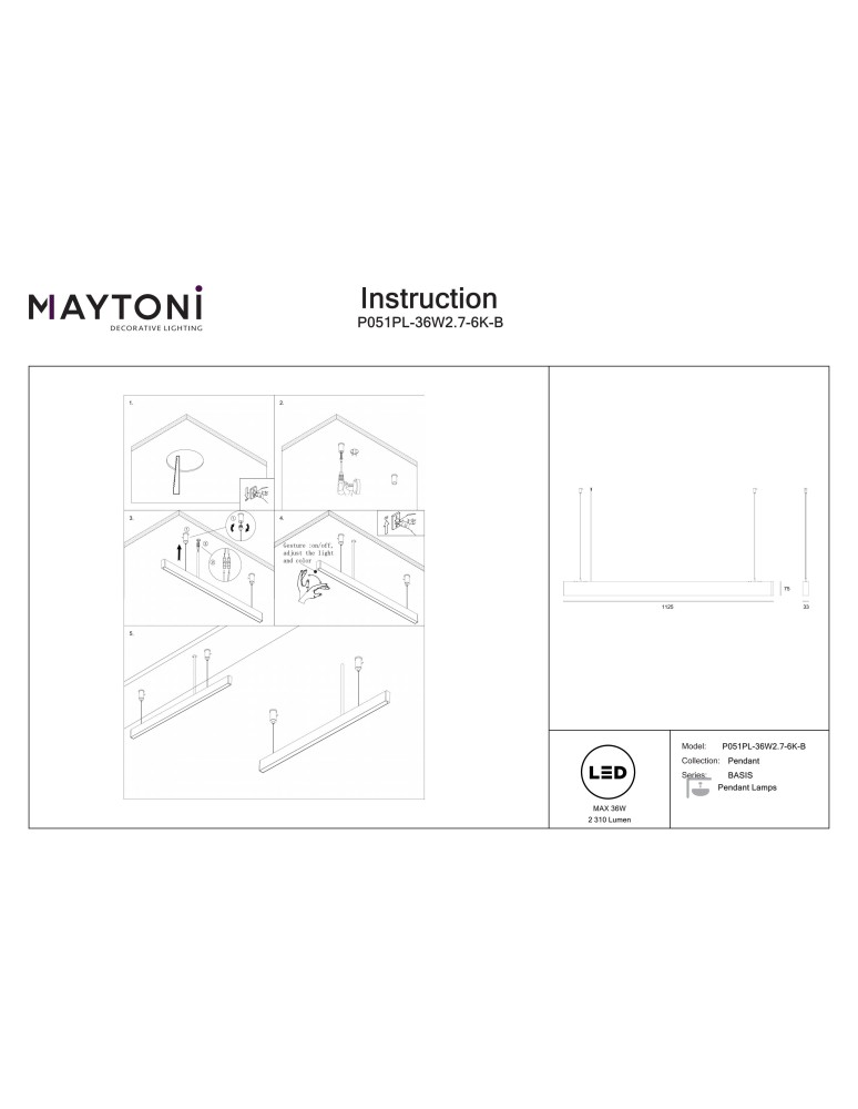 Maytoni BASIS Lampa wisząca LED 2310lm 2700K-6000K Czarny P051PL-36W2.7-6K-B Maytoni BASIS Lampa wisząca LED 2310lm 2700K-6000K Czarny P051PL-36W2.7-6K-B