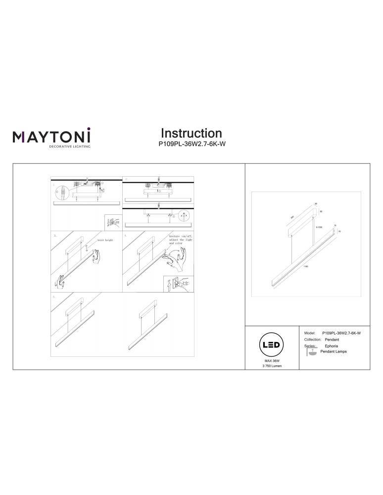Maytoni Ephoria Lampa wisząca LED Biały P109PL-36W2.7-6K-W Maytoni Ephoria Lampa wisząca LED Biały P109PL-36W2.7-6K-W