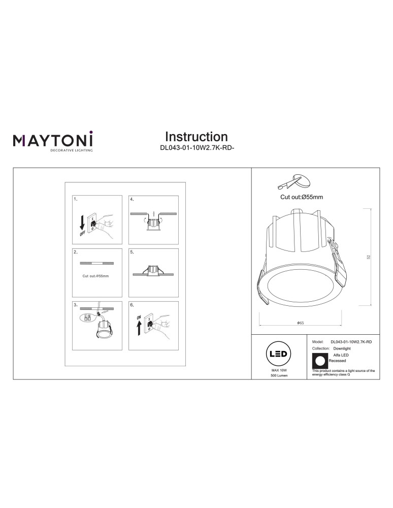 Maytoni Alfa LED Lampa wbudowana podtynkowa LED 500lm 2700K Biały i czarny DL043-01-10W2.7K-RD-WB-DE Maytoni Alfa LED Lampa wbudowana podtynkowa LED 500lm 2700K Biały i czarny DL043-01-10W2.7K-RD-WB-DE