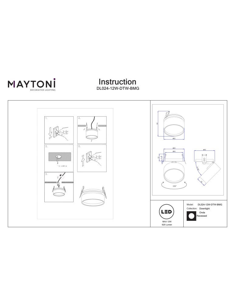 Maytoni Onda Lampa wbudowana podtynkowa LED 620lm 2200K-4000K Czarny i matowe złoto DL024-12W-DTW-BMG Maytoni Onda Lampa wbudowana podtynkowa LED 620lm 2200K-4000K Czarny i matowe złoto DL024-12W-DTW-BMG