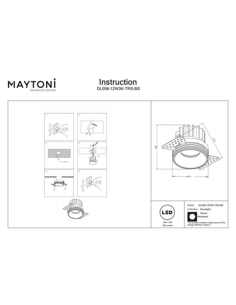 Maytoni Round Lampa wbudowana podtynkowa LED 920lm 3000K Mosiądz DL058-12W3K-TRS-BS Maytoni Round Lampa wbudowana podtynkowa LED 920lm 3000K Mosiądz DL058-12W3K-TRS-BS