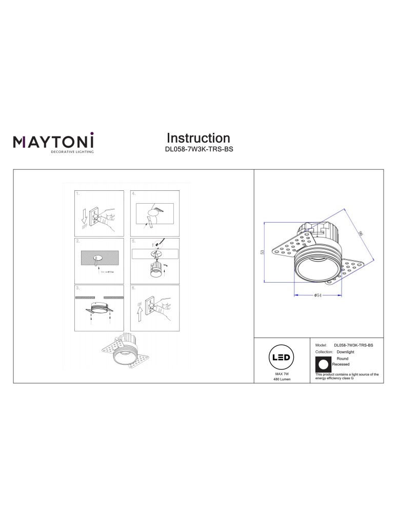 Maytoni Round Lampa wbudowana podtynkowa LED 480lm 3000K Mosiądz DL058-7W3K-TRS-BS